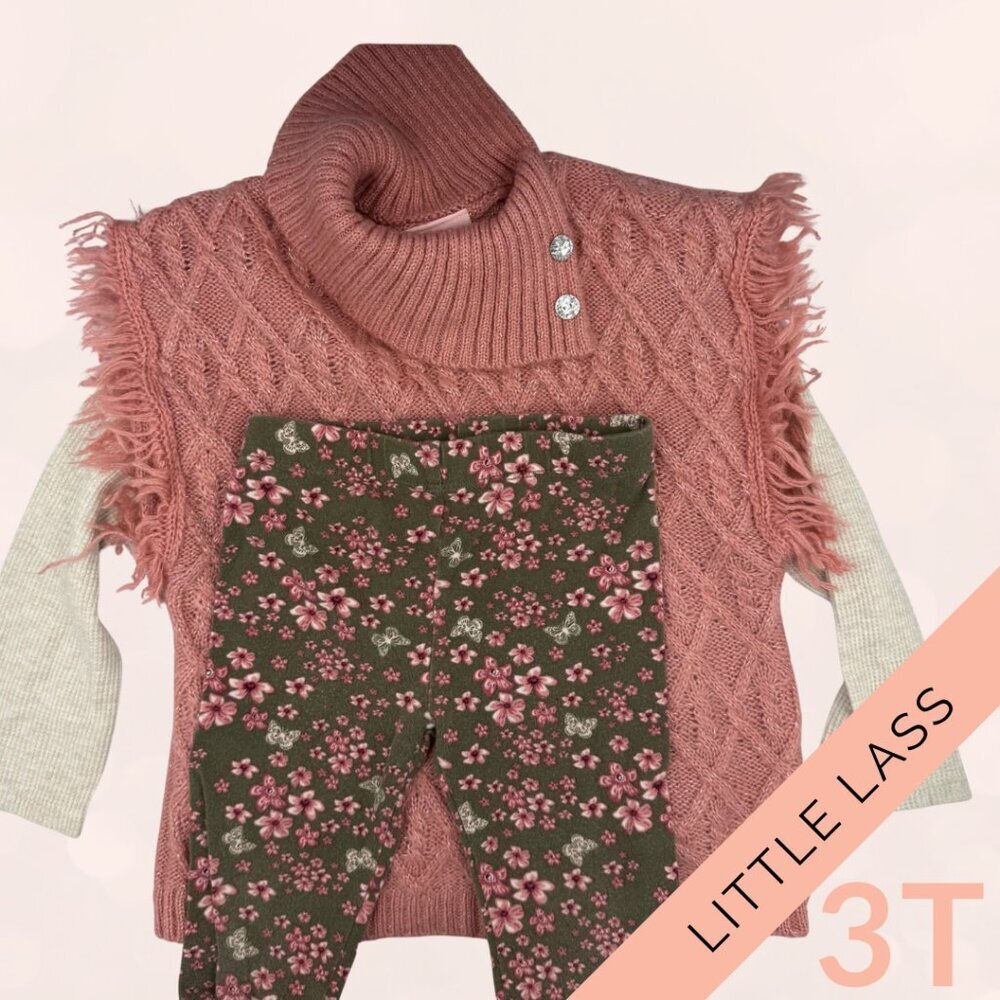 Little Lass 3T Girls’ Fall Outfit – Pink Knit Sweater Vest + Floral Leggings Set